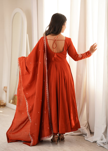 Rust Orange Roman Chanderi Silk Anarkali Suit Set