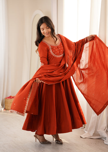 Rust Orange Roman Chanderi Silk Anarkali Suit Set