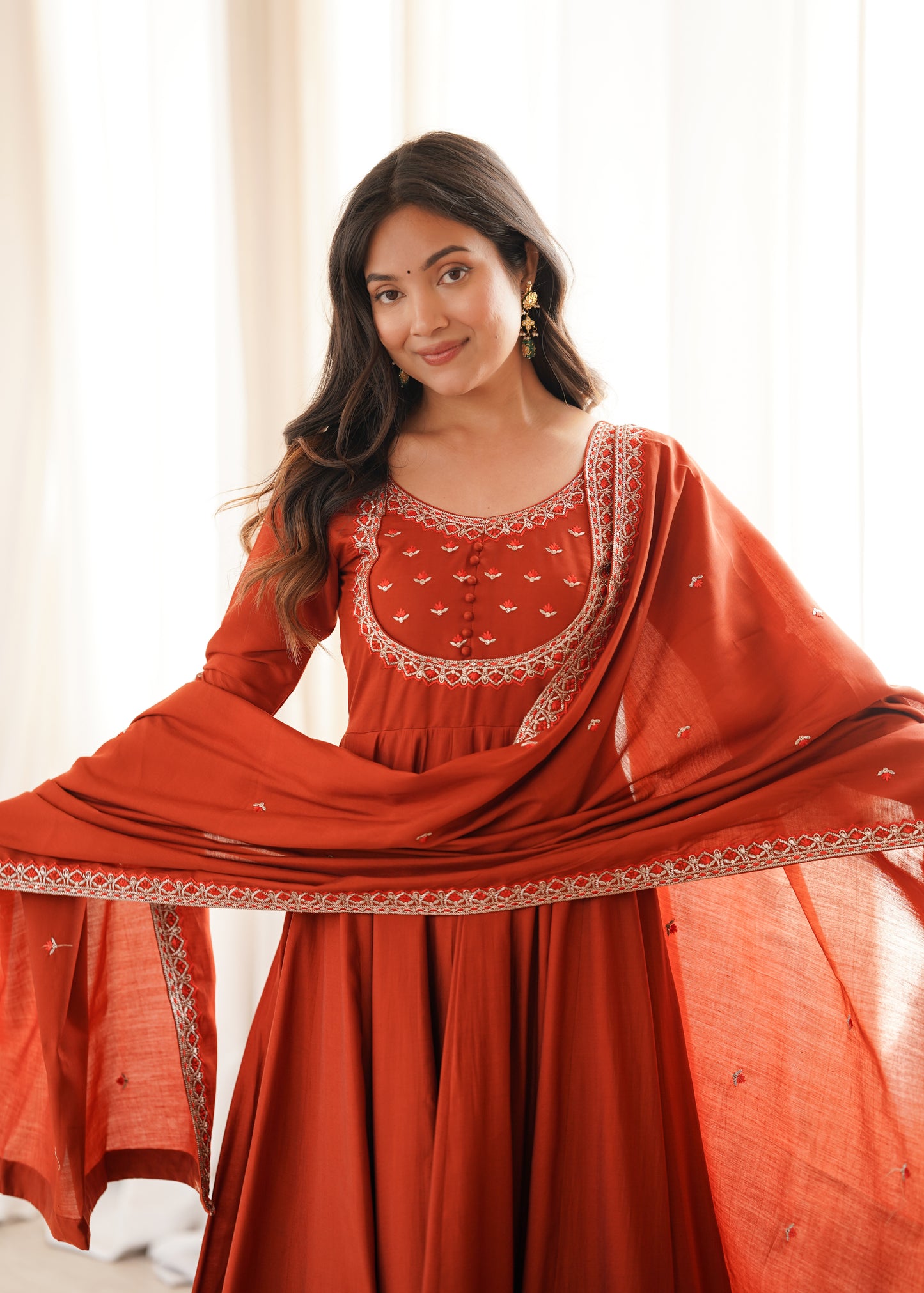 Rust Orange Roman Chanderi Silk Anarkali Suit Set