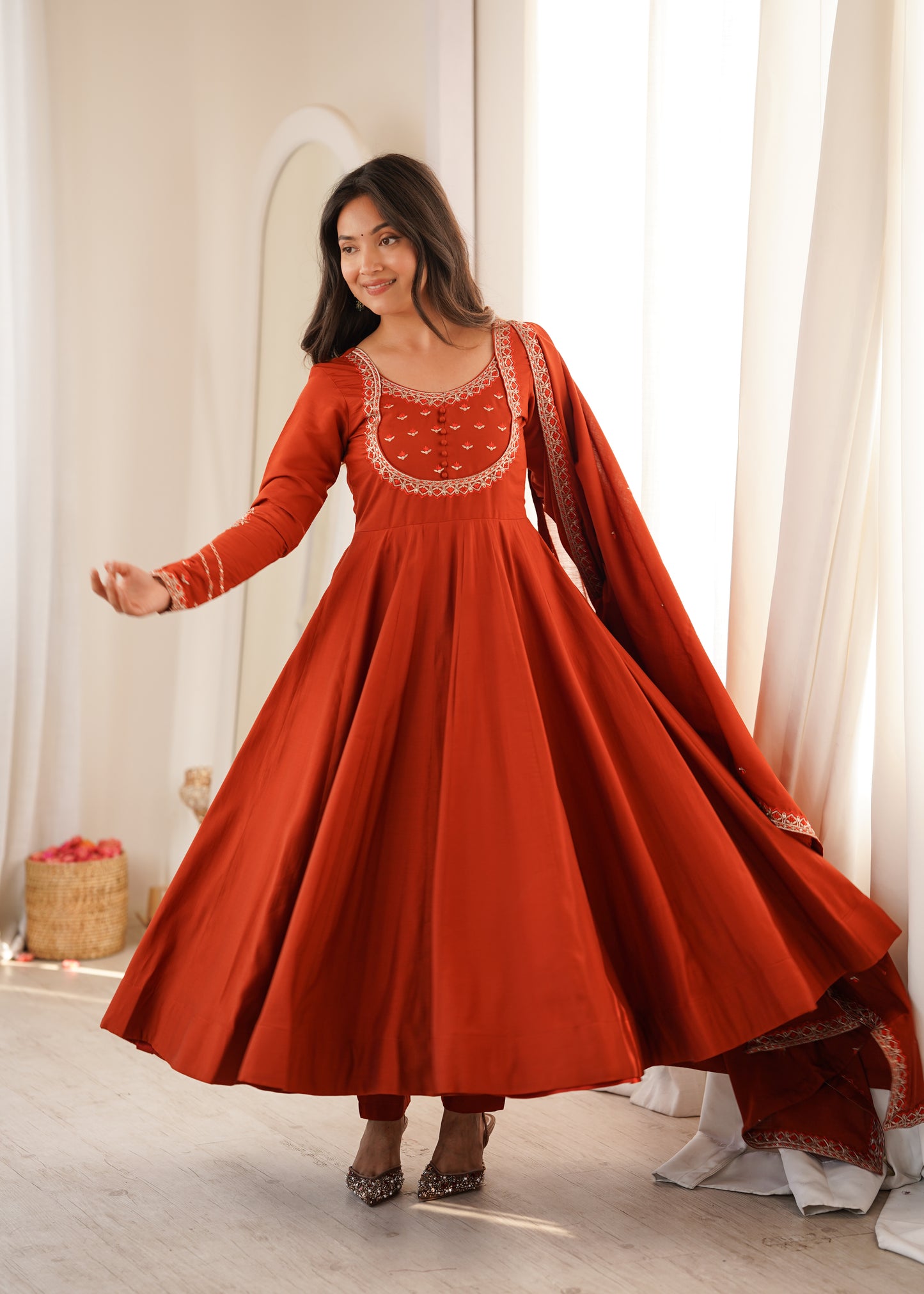 Rust Orange Roman Chanderi Silk Anarkali Suit Set