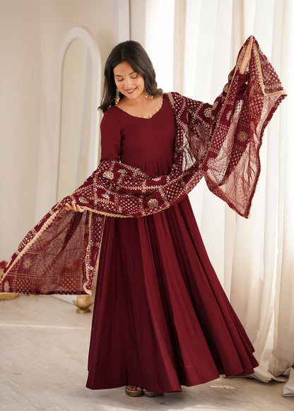 Maroon Pure Roman Silk Chanderi 16 Kali Anarkali Gown With Embroidered Dupatta & Pant