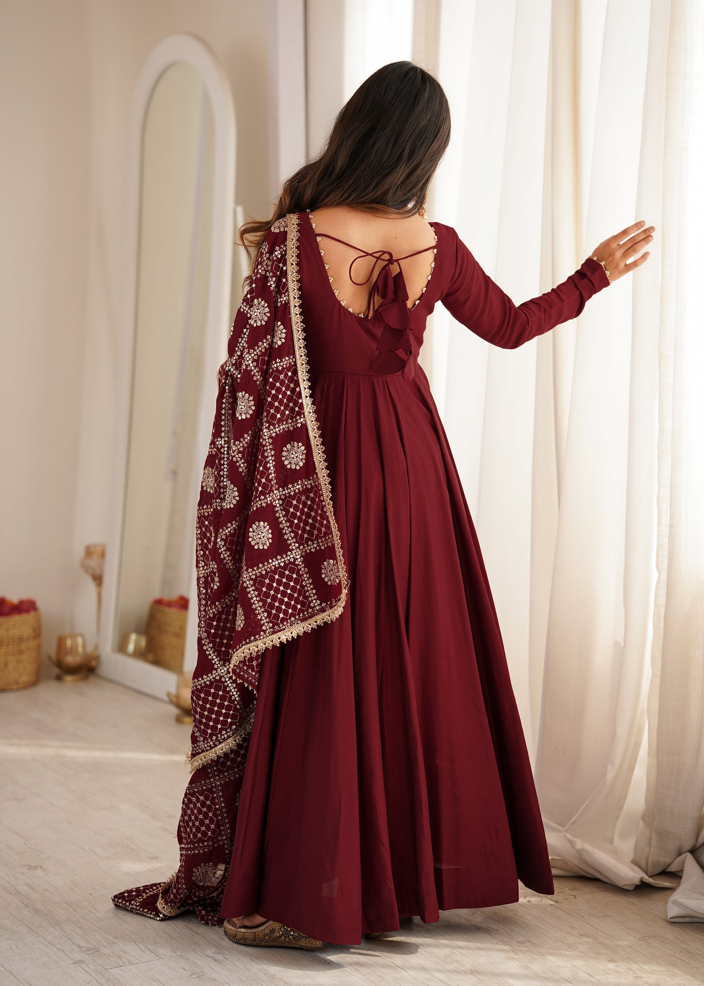 Maroon Pure Roman Silk Chanderi 16 Kali Anarkali Gown With Embroidered Dupatta & Pant