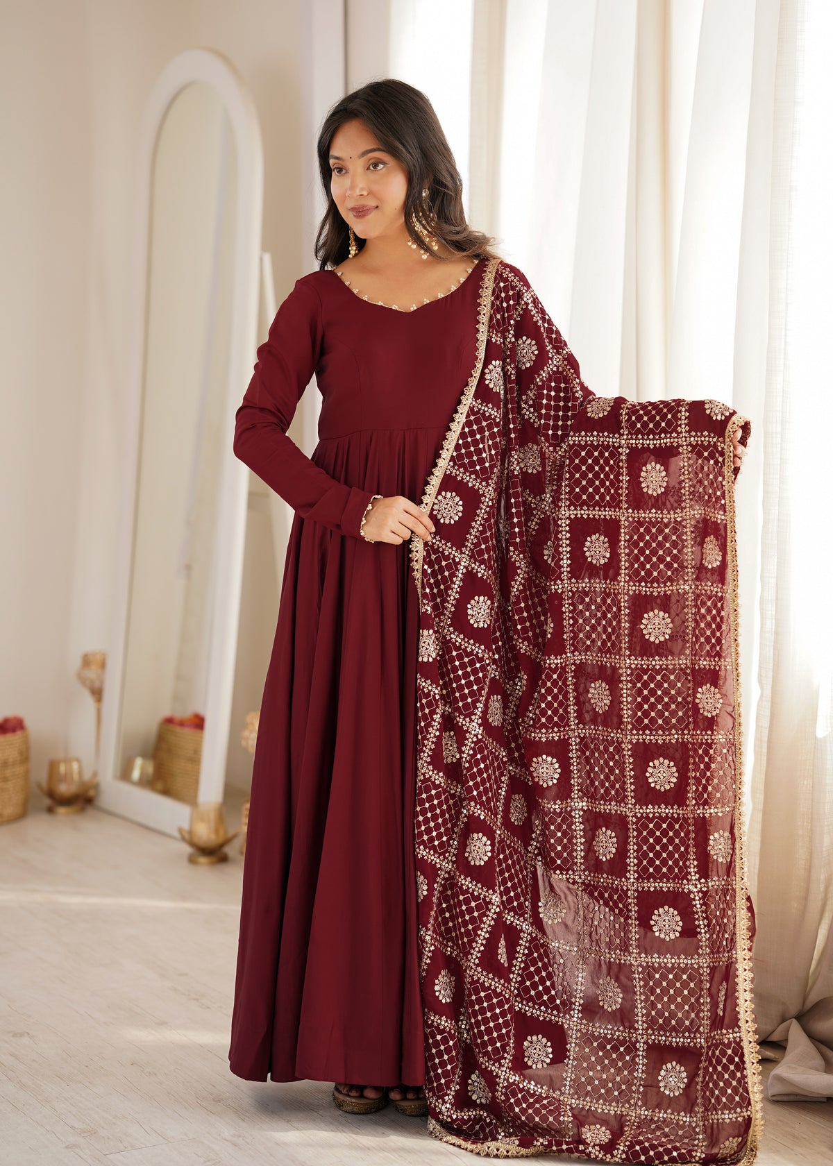 Maroon Pure Roman Silk Chanderi 16 Kali Anarkali Gown With Embroidered Dupatta & Pant