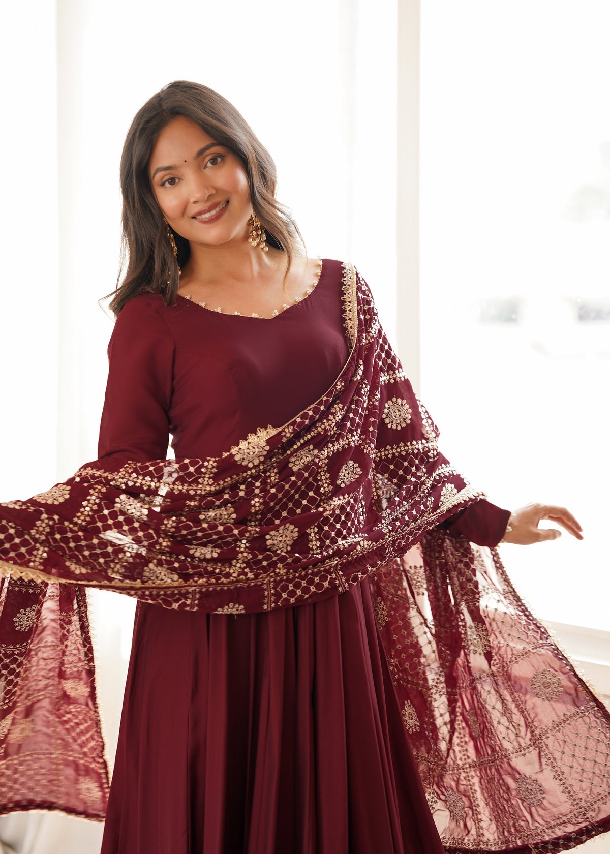Maroon Pure Roman Silk Chanderi 16 Kali Anarkali Gown With Embroidered Dupatta & Pant