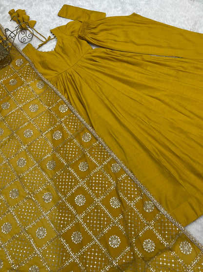 Mustard Yellow Pure Roman Silk Chanderi 16 Kali Anarkali Gown With Embroidered Dupatta & Pant