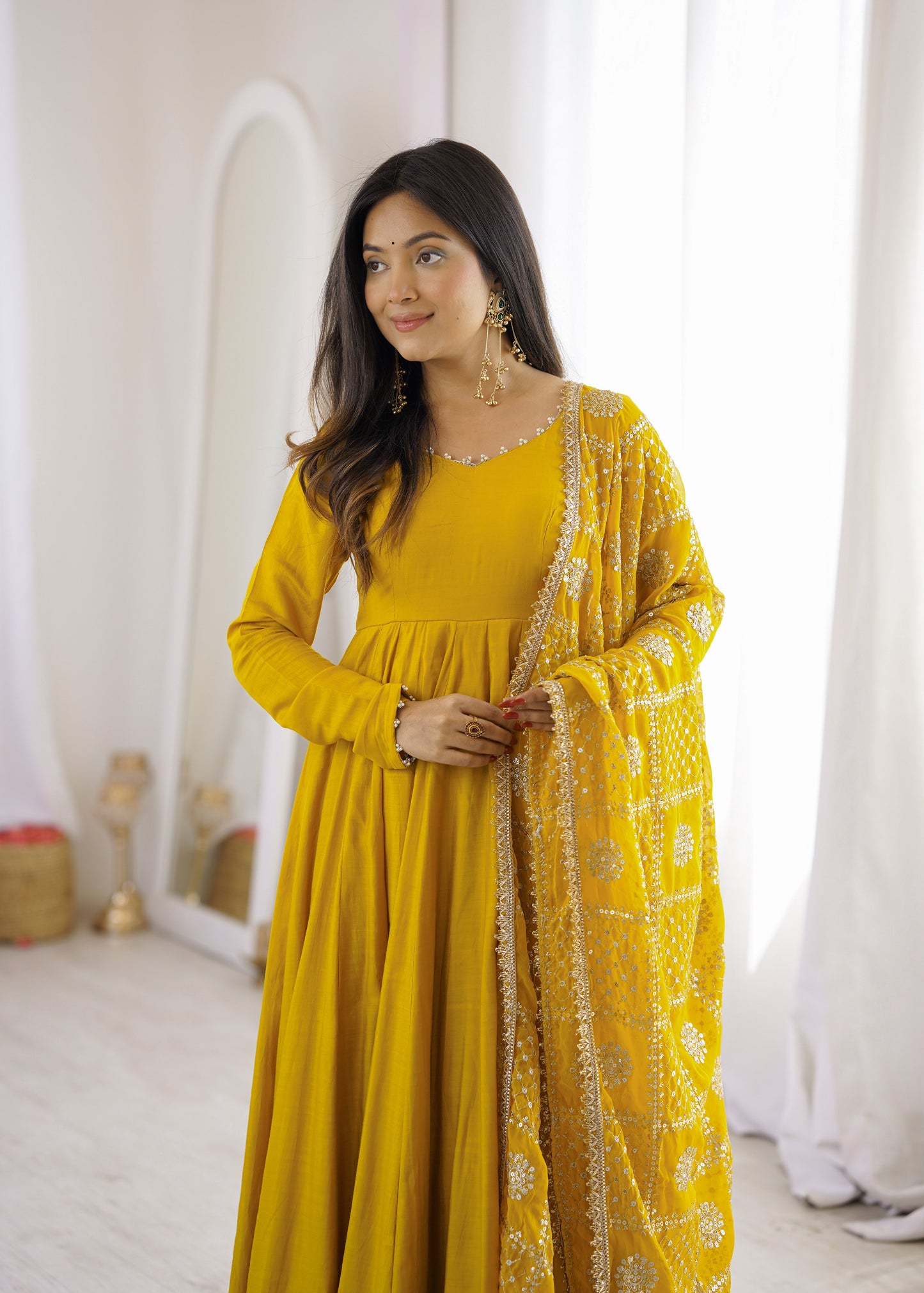 Mustard Yellow Pure Roman Silk Chanderi 16 Kali Anarkali Gown With Embroidered Dupatta & Pant