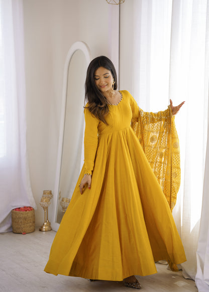 Mustard Yellow Pure Roman Silk Chanderi 16 Kali Anarkali Gown With Embroidered Dupatta & Pant