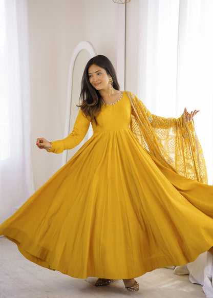 Mustard Yellow Pure Roman Silk Chanderi 16 Kali Anarkali Gown With Embroidered Dupatta & Pant