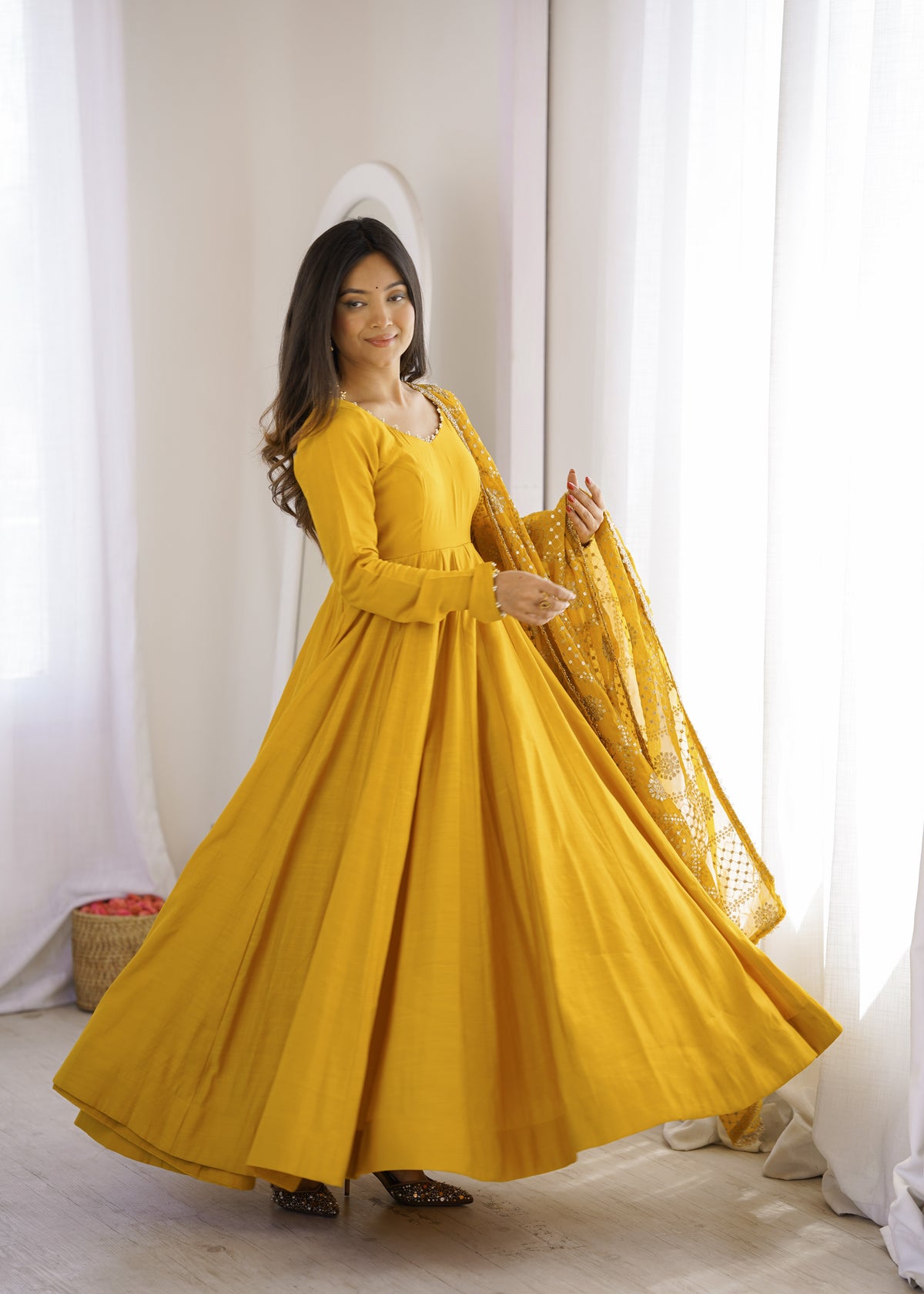 Mustard Yellow Pure Roman Silk Chanderi 16 Kali Anarkali Gown With Embroidered Dupatta & Pant