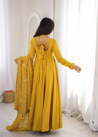 Mustard Yellow Pure Roman Silk Chanderi 16 Kali Anarkali Gown With Embroidered Dupatta & Pant