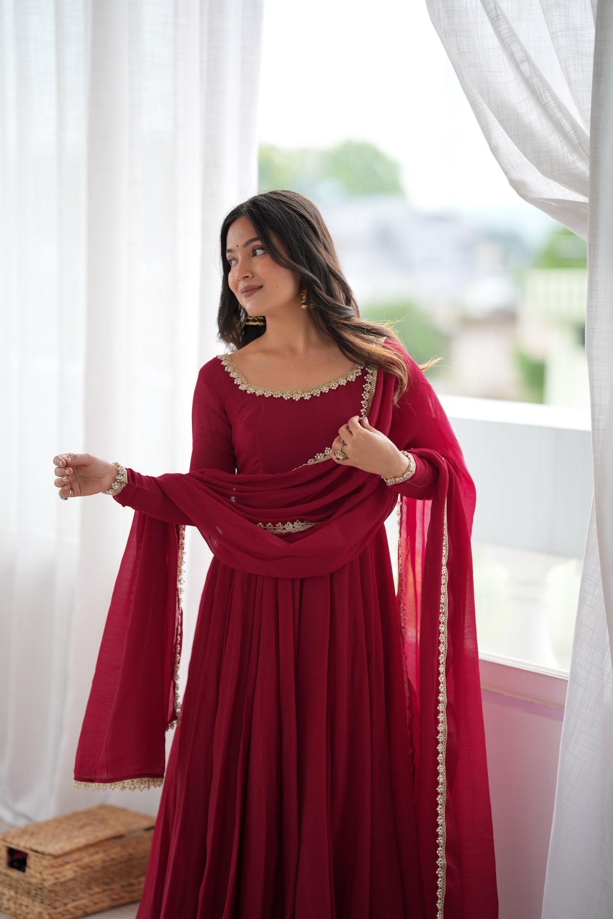 Maroon Pure Mal Chanderi Anarkali Gown With Mirror Lace Dupatta & Pants