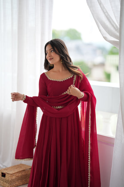 Maroon Pure Mal Chanderi Anarkali Gown With Mirror Lace Dupatta & Pants