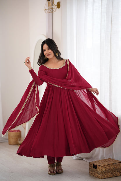 Maroon Pure Mal Chanderi Anarkali Gown With Mirror Lace Dupatta & Pants