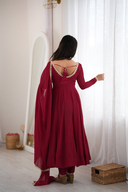 Maroon Pure Mal Chanderi Anarkali Gown With Mirror Lace Dupatta & Pants