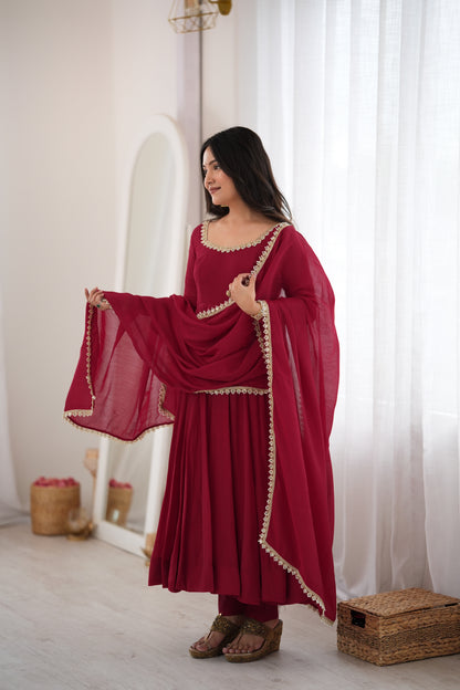 Maroon Pure Mal Chanderi Anarkali Gown With Mirror Lace Dupatta & Pants