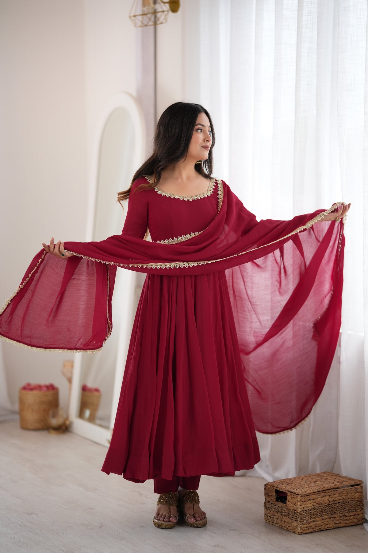 Maroon Pure Mal Chanderi Anarkali Gown With Mirror Lace Dupatta & Pants