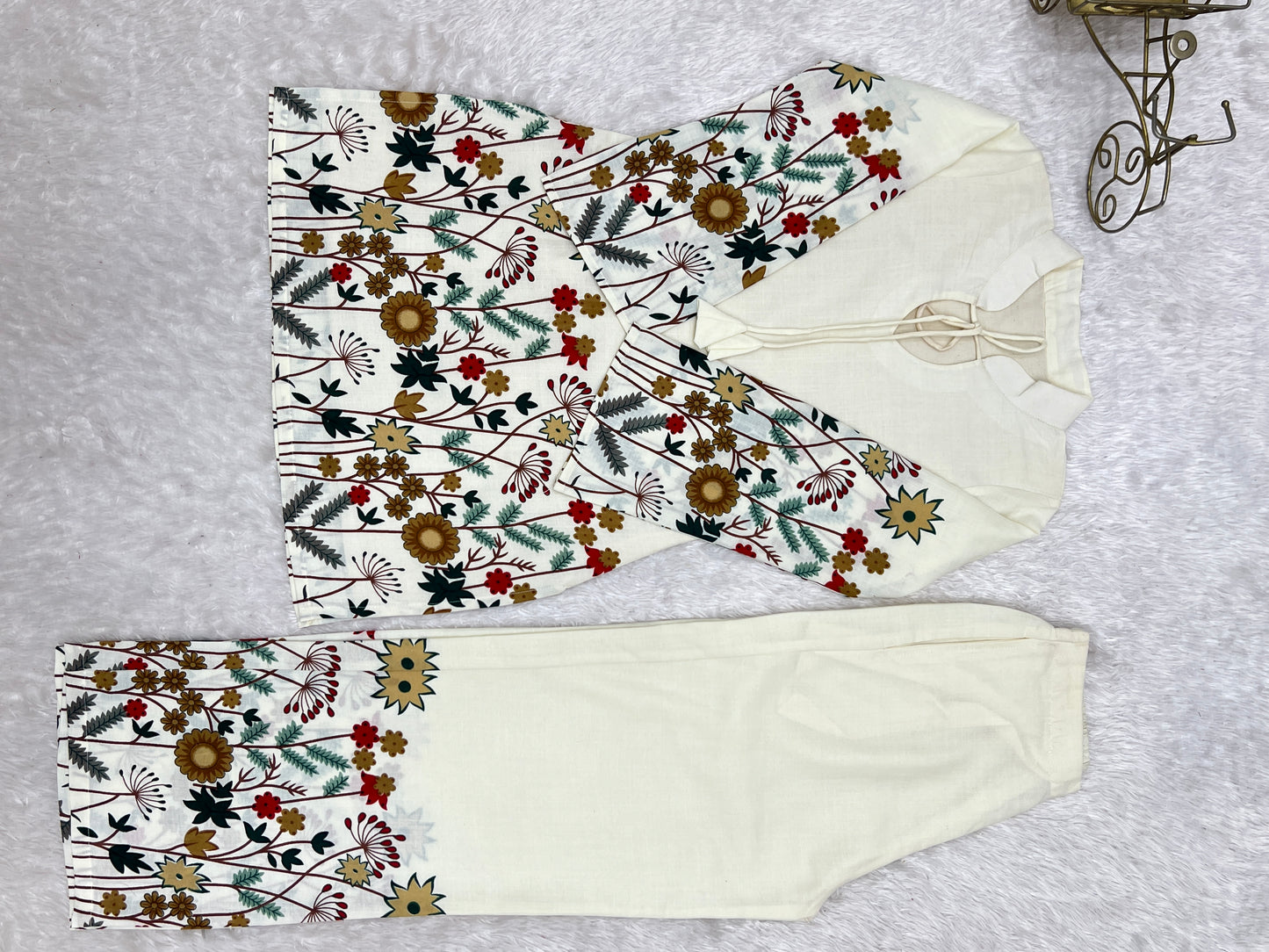 Ivory Floral Printed Magic Slub Cotton Kurta Pant Set for Women Ready to Wear Co-Ord Set