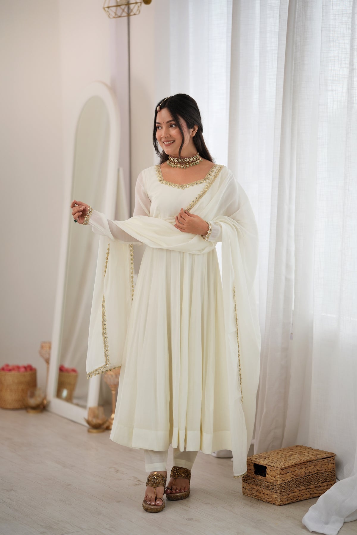 White Pure Mal Chanderi Anarkali Gown With Mirror Lace Dupatta & Pants