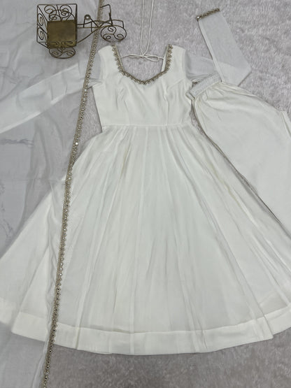 White Pure Mal Chanderi Anarkali Gown With Mirror Lace Dupatta & Pants