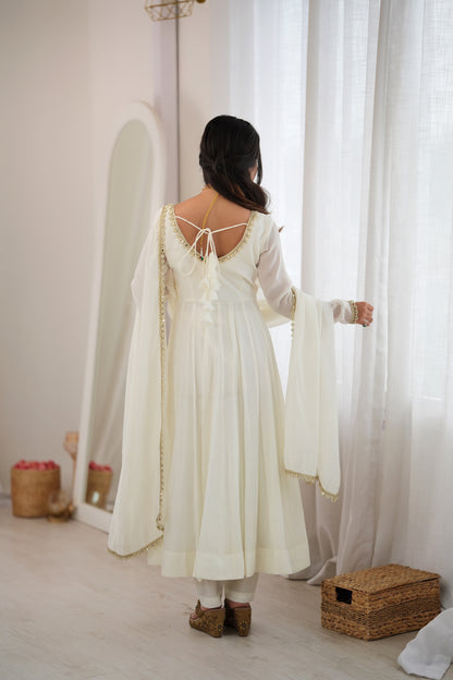 White Pure Mal Chanderi Anarkali Gown With Mirror Lace Dupatta & Pants