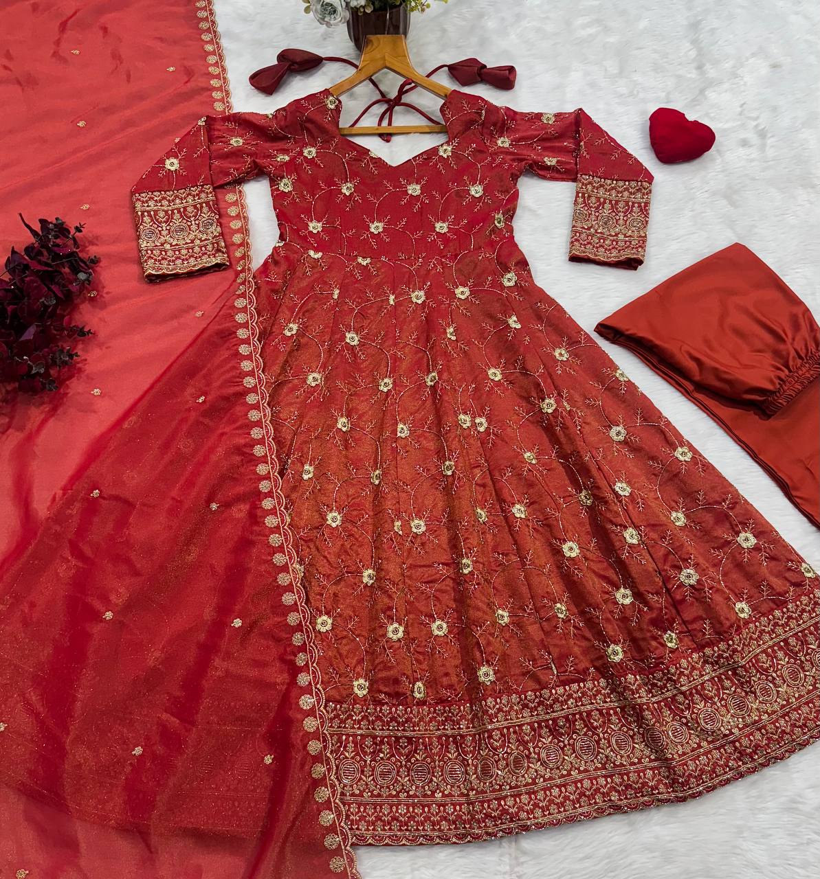 Rust Embroidered Designer Anarkali Suit Set