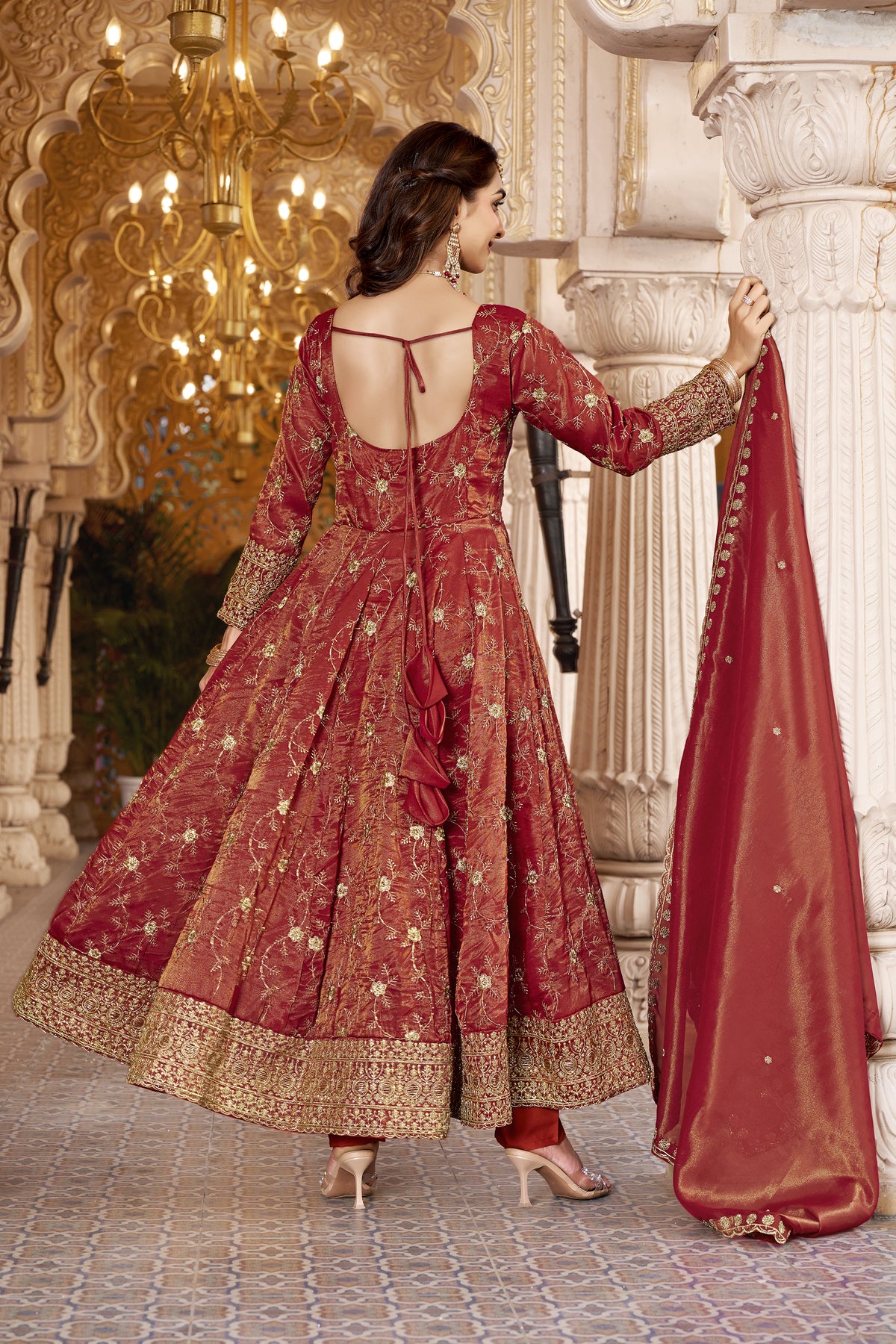 Rust Embroidered Designer Anarkali Suit Set
