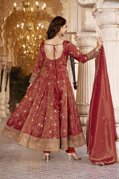 Rust Embroidered Designer Anarkali Suit Set