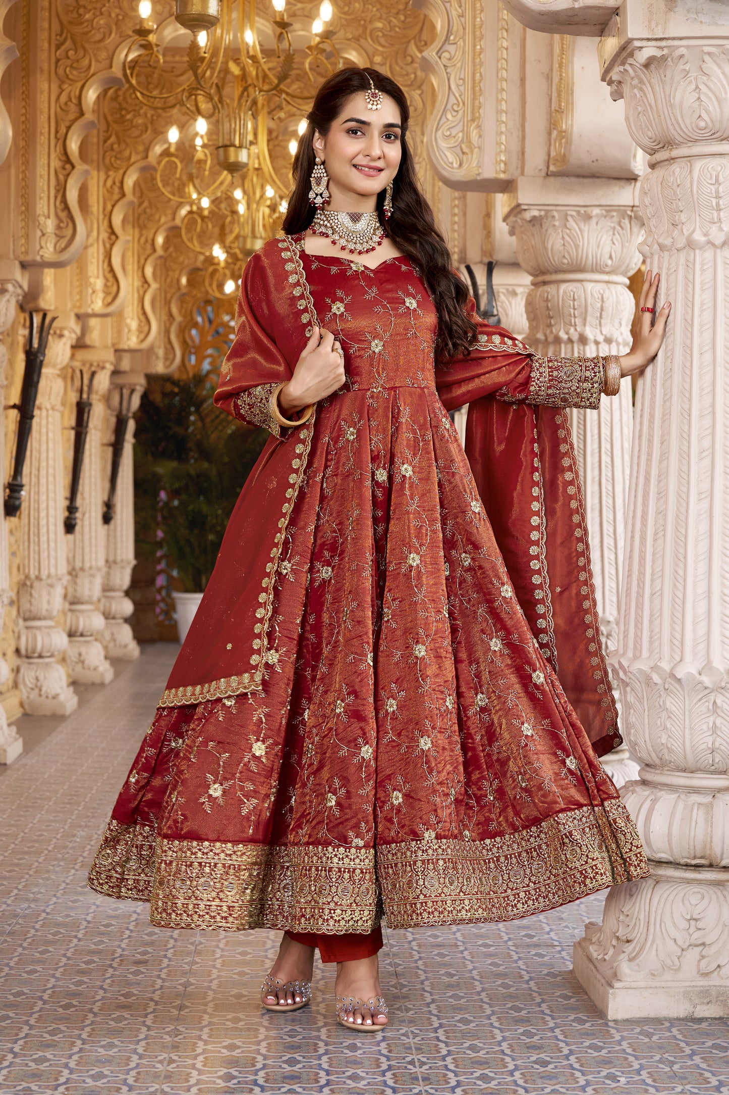 Rust Embroidered Designer Anarkali Suit Set