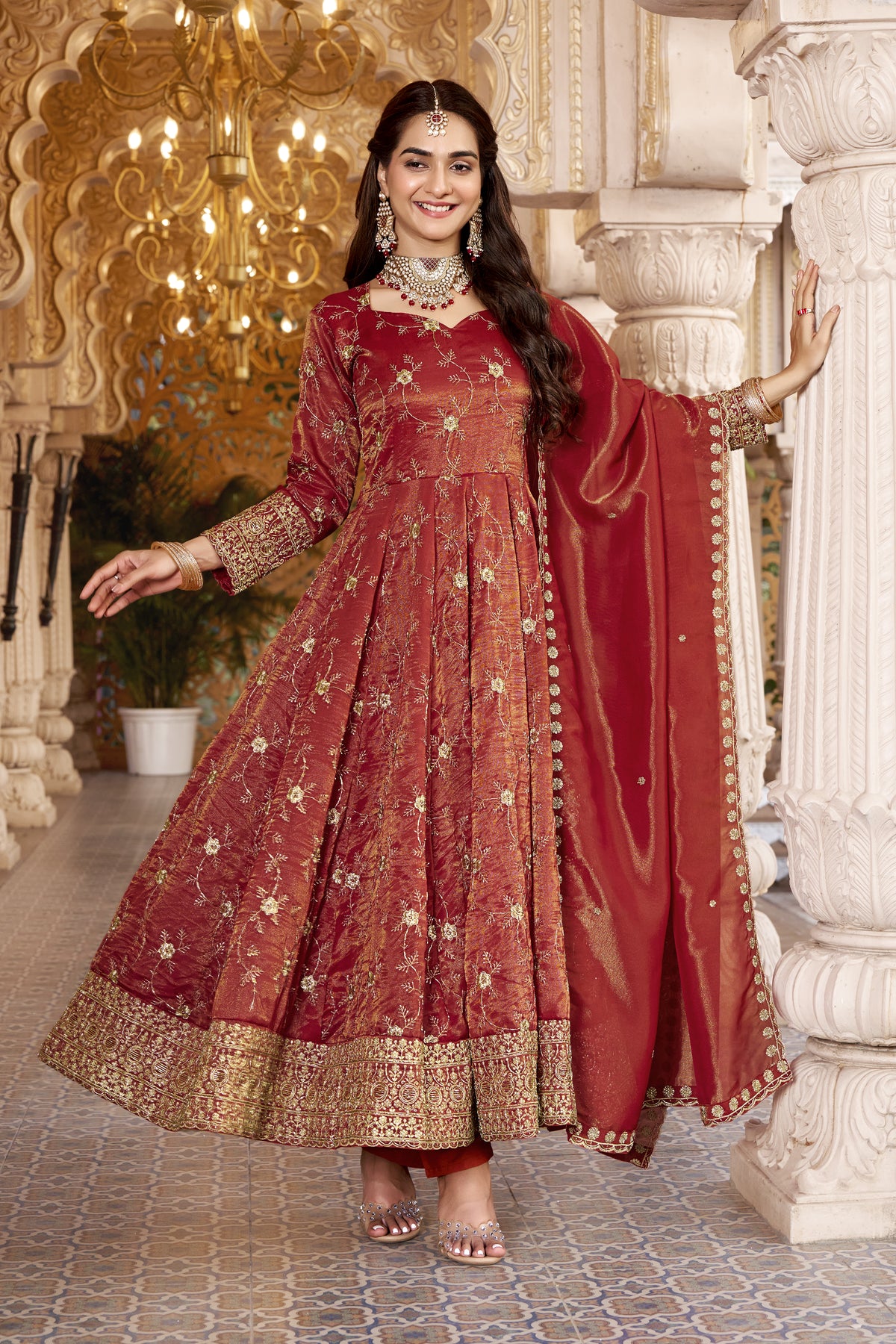 Rust Embroidered Designer Anarkali Suit Set