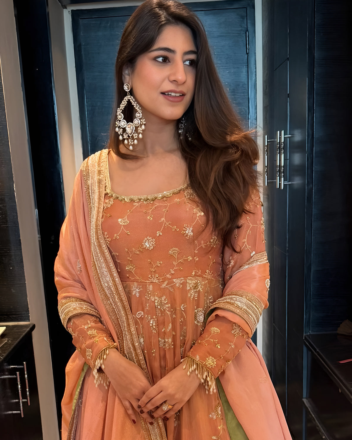 Peach Embroidered Anarkali Lehenga Set