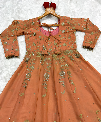 Peach Embroidered Anarkali Lehenga Set