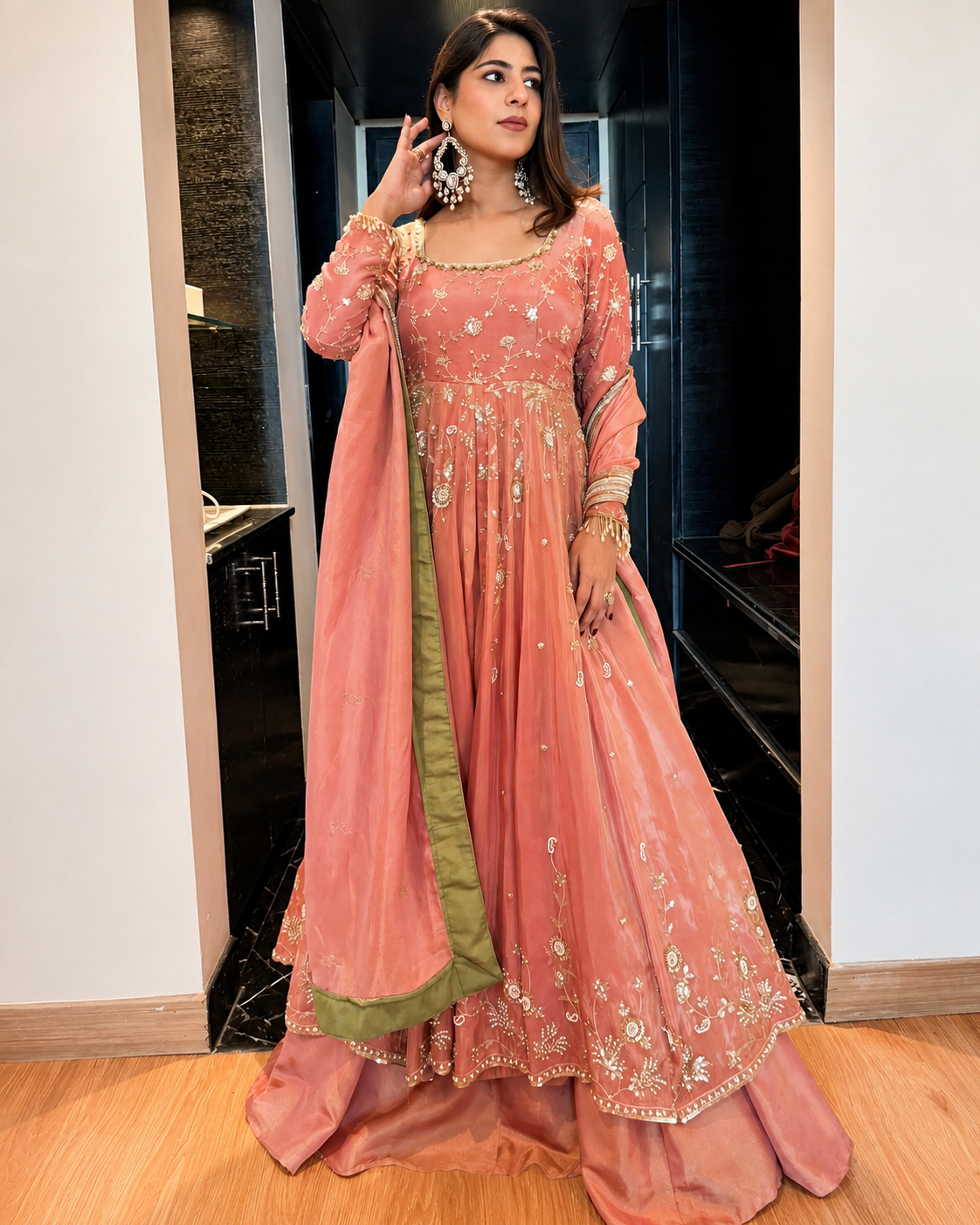 Peach Embroidered Anarkali Lehenga Set