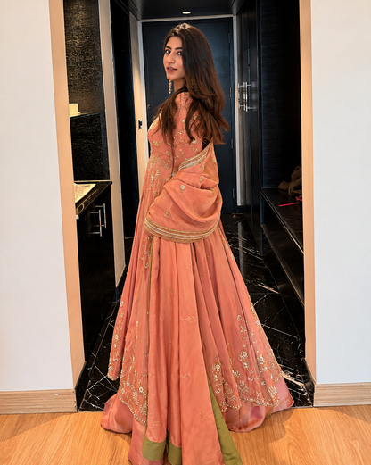 Peach Embroidered Anarkali Lehenga Set