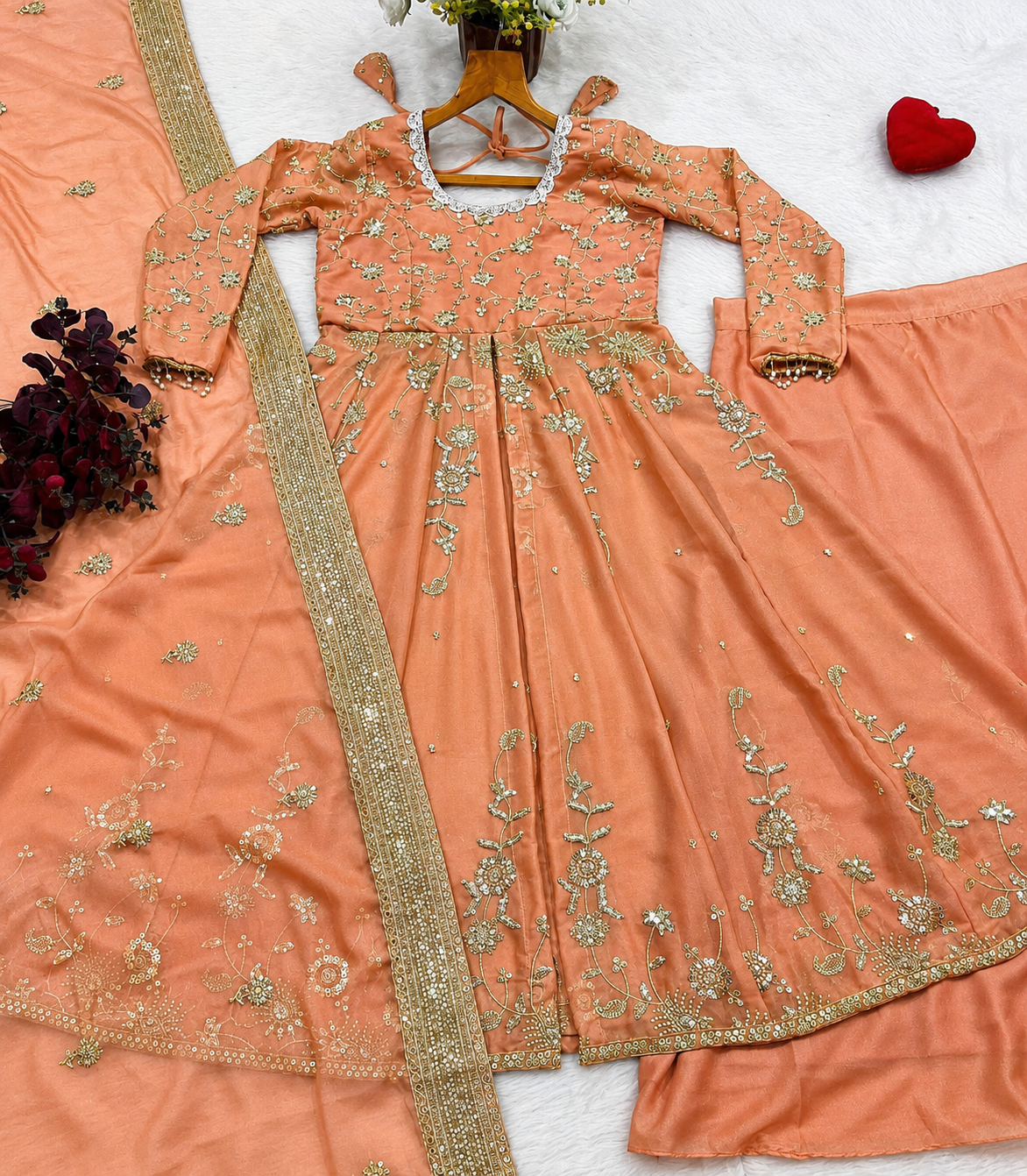 Peach Embroidered Anarkali Lehenga Set