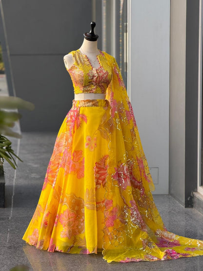Designer Stitched Yellow Pure Organza Digital Printed Lehenga With Sequins Embroidered Blouse, Dupatta & Batwa