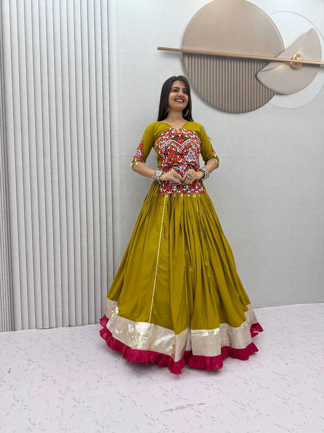 Olive Green Gamthi Mirror Work Pure Cotton Navratri  Lehenga Choli Set