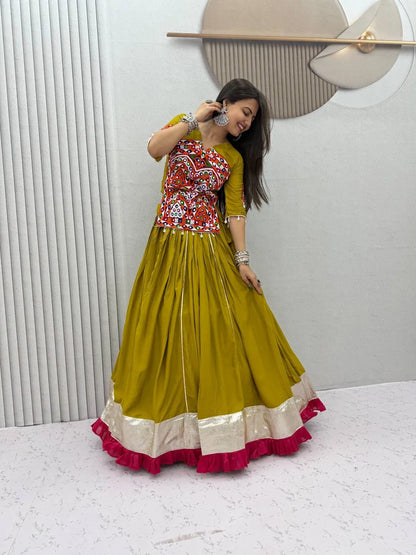 Olive Green Gamthi Mirror Work Pure Cotton Navratri  Lehenga Choli Set