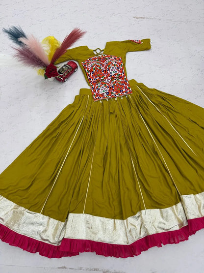 Olive Green Gamthi Mirror Work Pure Cotton Navratri  Lehenga Choli Set
