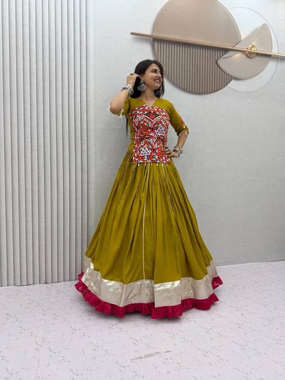 Olive Green Gamthi Mirror Work Pure Cotton Navratri  Lehenga Choli Set