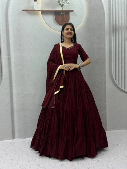 Navratri Special Maroon Rayon Cotton Mirror Work Lehenga Choli