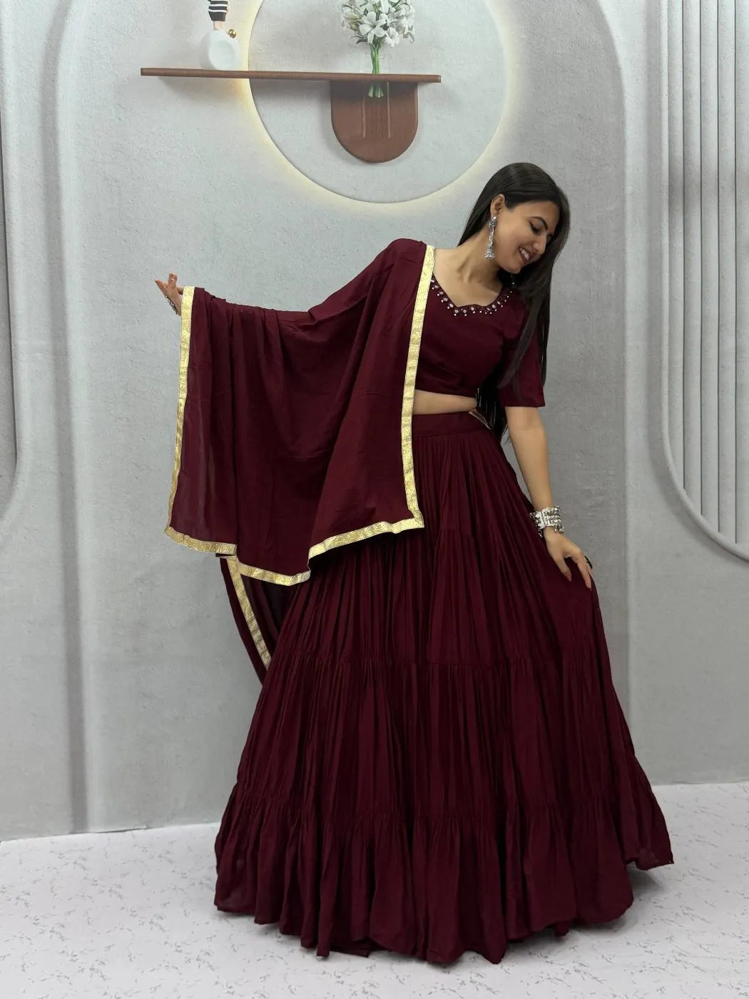 Navratri Special Maroon Rayon Cotton Mirror Work Lehenga Choli