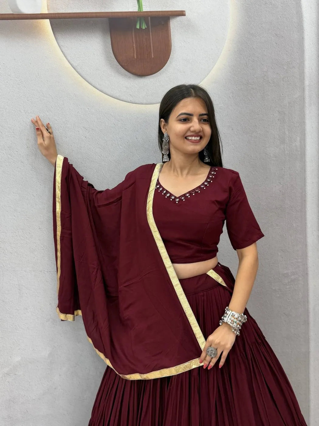 Navratri Special Maroon Rayon Cotton Mirror Work Lehenga Choli