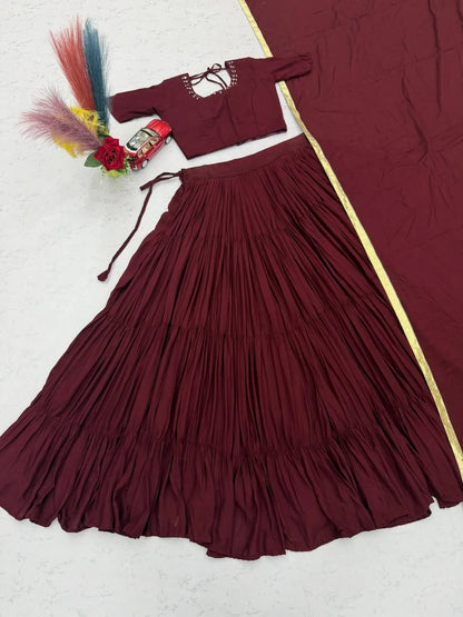 Navratri Special Maroon Rayon Cotton Mirror Work Lehenga Choli