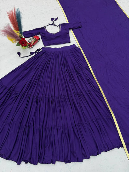 Navratri Special  Purple Rayon Cotton Mirror Work Lehenga Choli