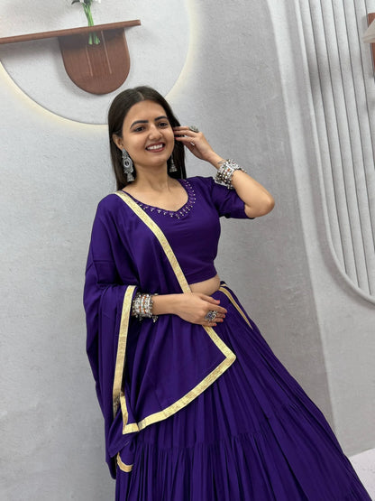 Navratri Special  Purple Rayon Cotton Mirror Work Lehenga Choli