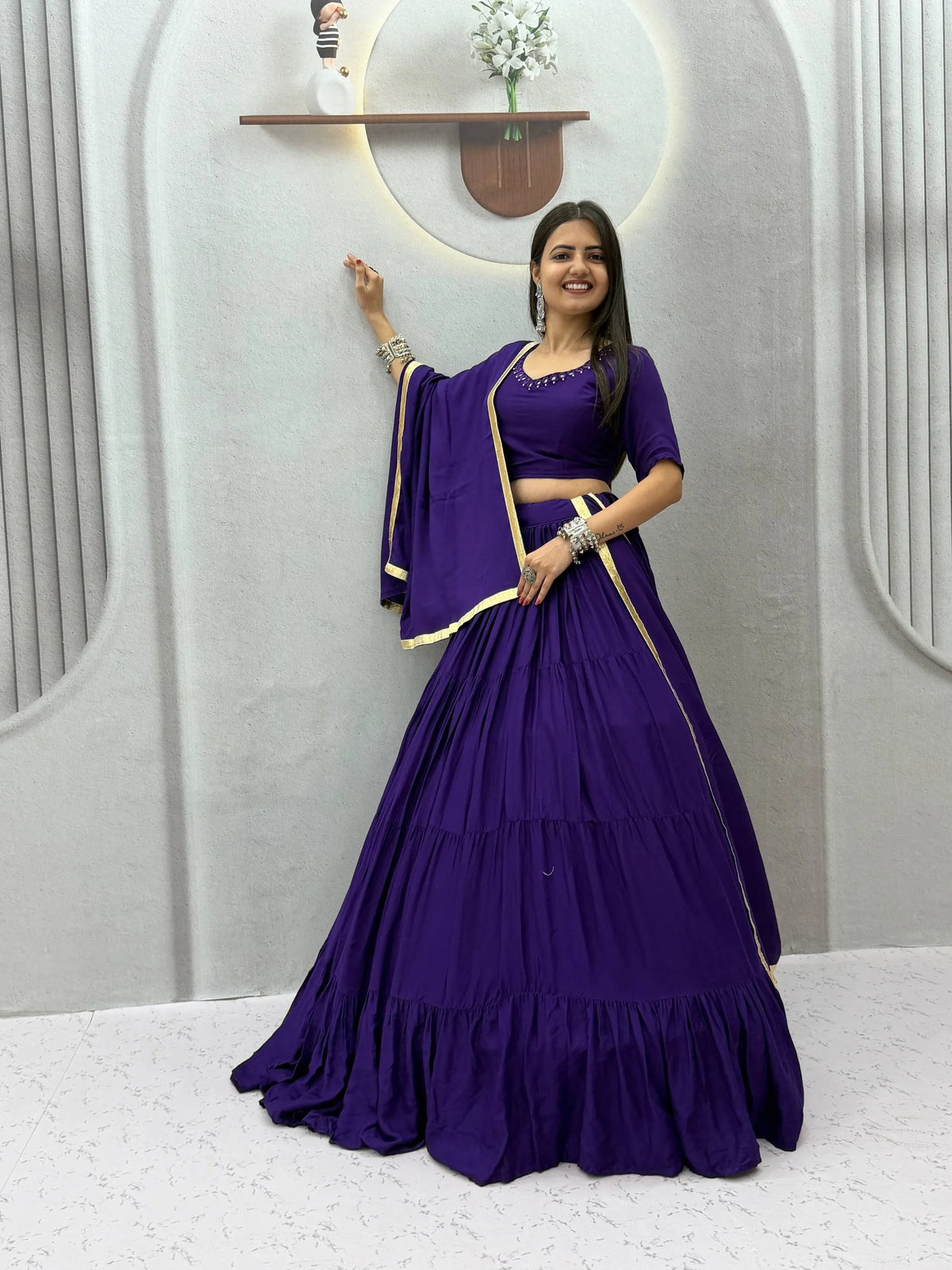 Navratri Special  Purple Rayon Cotton Mirror Work Lehenga Choli