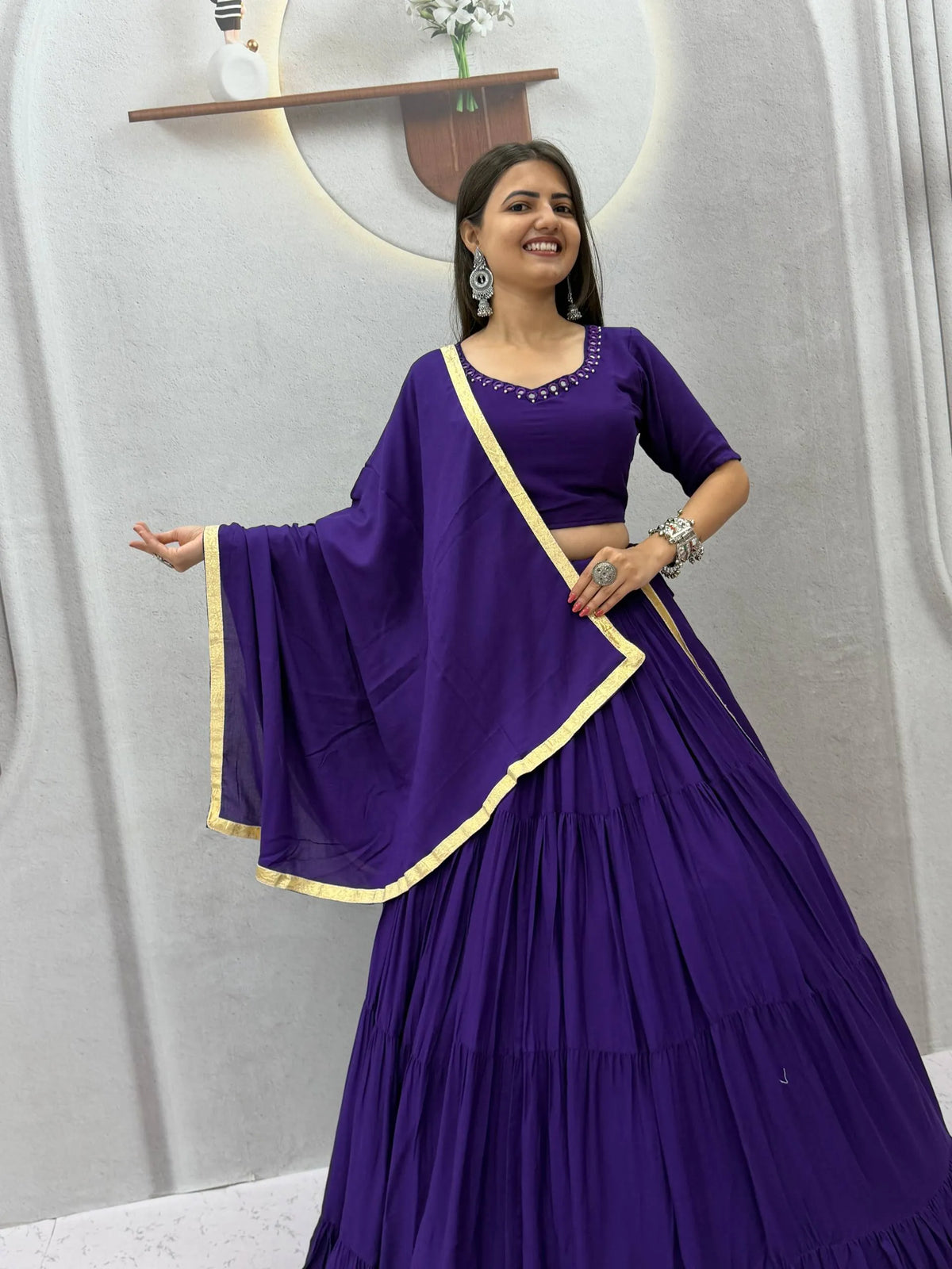 Navratri Special  Purple Rayon Cotton Mirror Work Lehenga Choli
