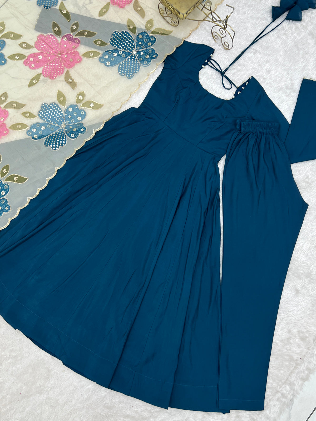 Teal Blue Pearl Lace Detail Pure Roman Silk Anarkali Gown with Printed Dupatta