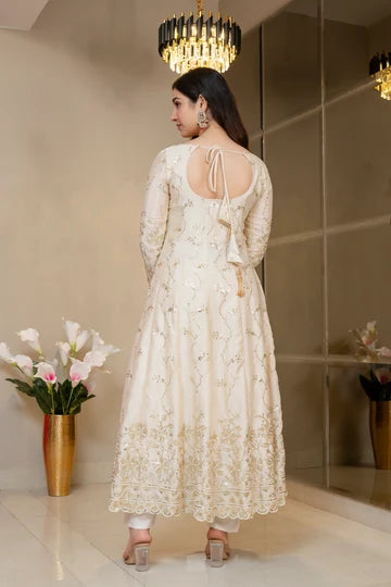 Premium Ivory Royal Zari Work Kali Cut Anarkali Suit Set