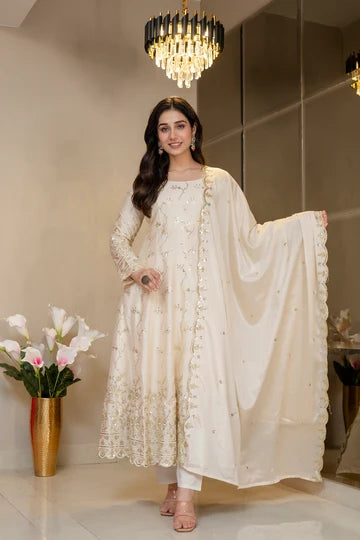 Premium Ivory Royal Zari Work Kali Cut Anarkali Suit Set